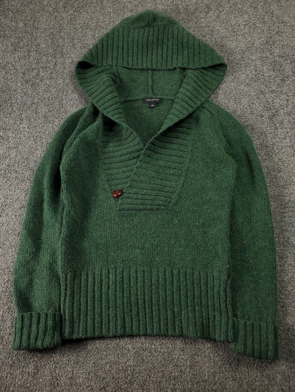 Banana Republic Lambs Wool Sweater Hoodie Small Green Shawl Collar One Button